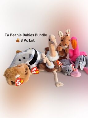 Ty Beanie Babies Bundle Lot 8 Pc w/ Tags Lion Ostrich Kangaroo Flamingo